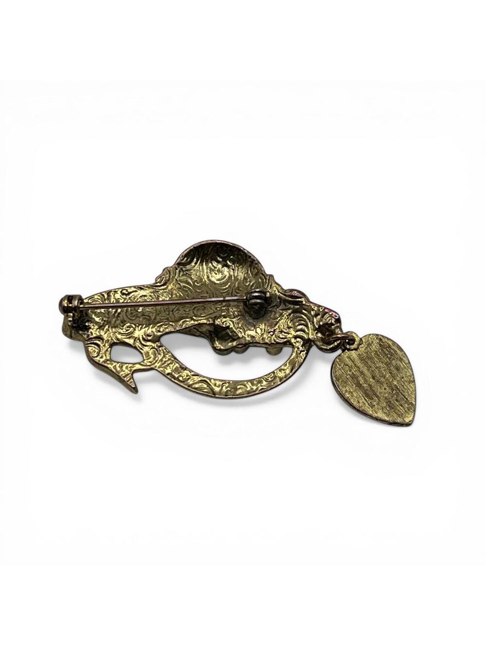 Vintage Bronze Tone Hat and Heart Dangle Brooch Pin - Picture 2 of 2